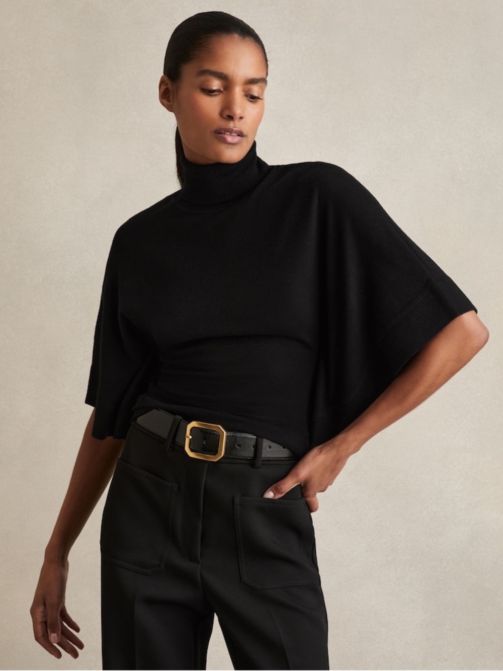 Reiss Hadley Batwing Turtleneck Wool Sweater Size Medium Black Minimalist